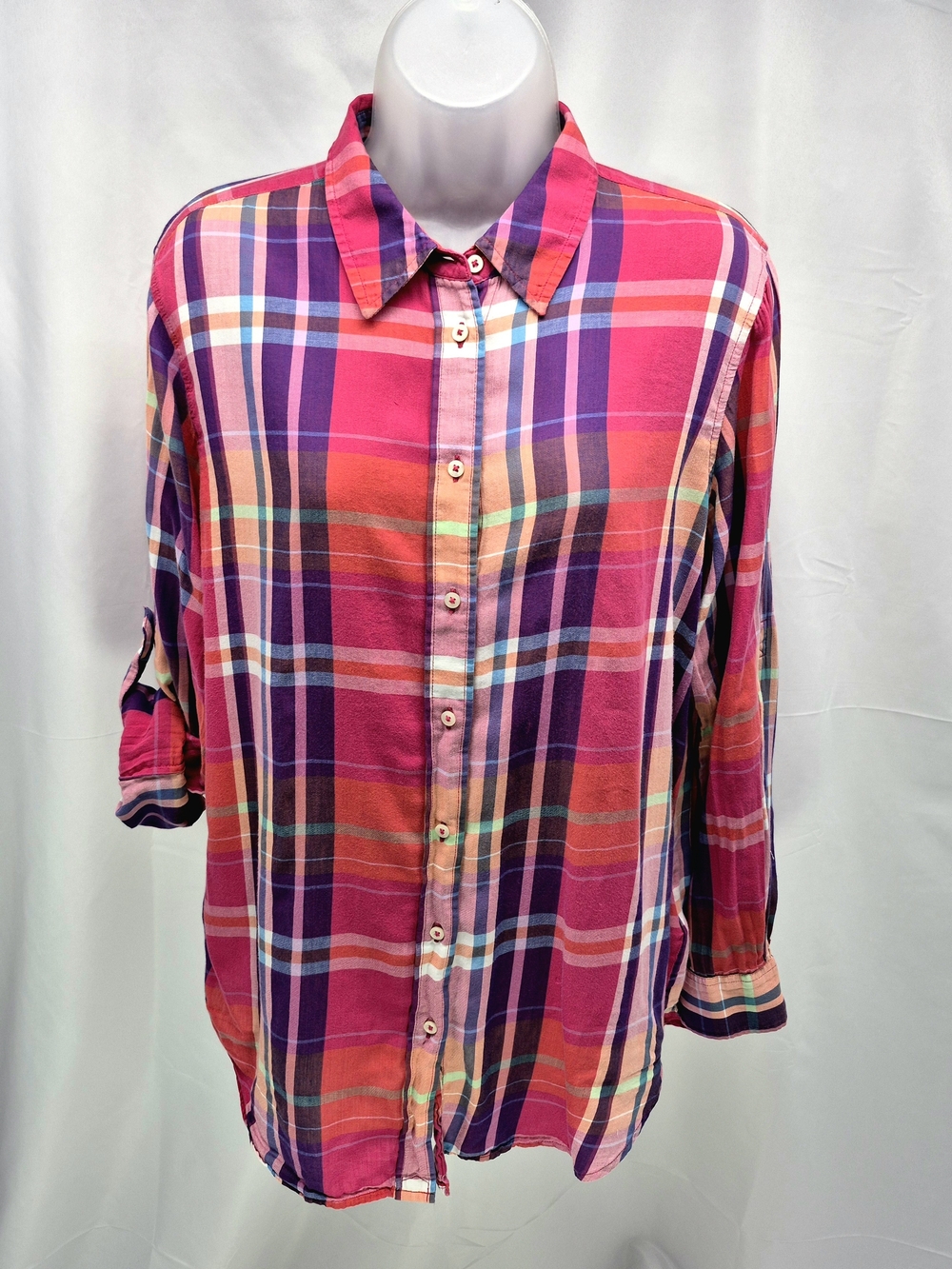 Lauren Ralph Lauren Lightweight Cotton Pink Plaid Roll Tab Button Down Shirt L